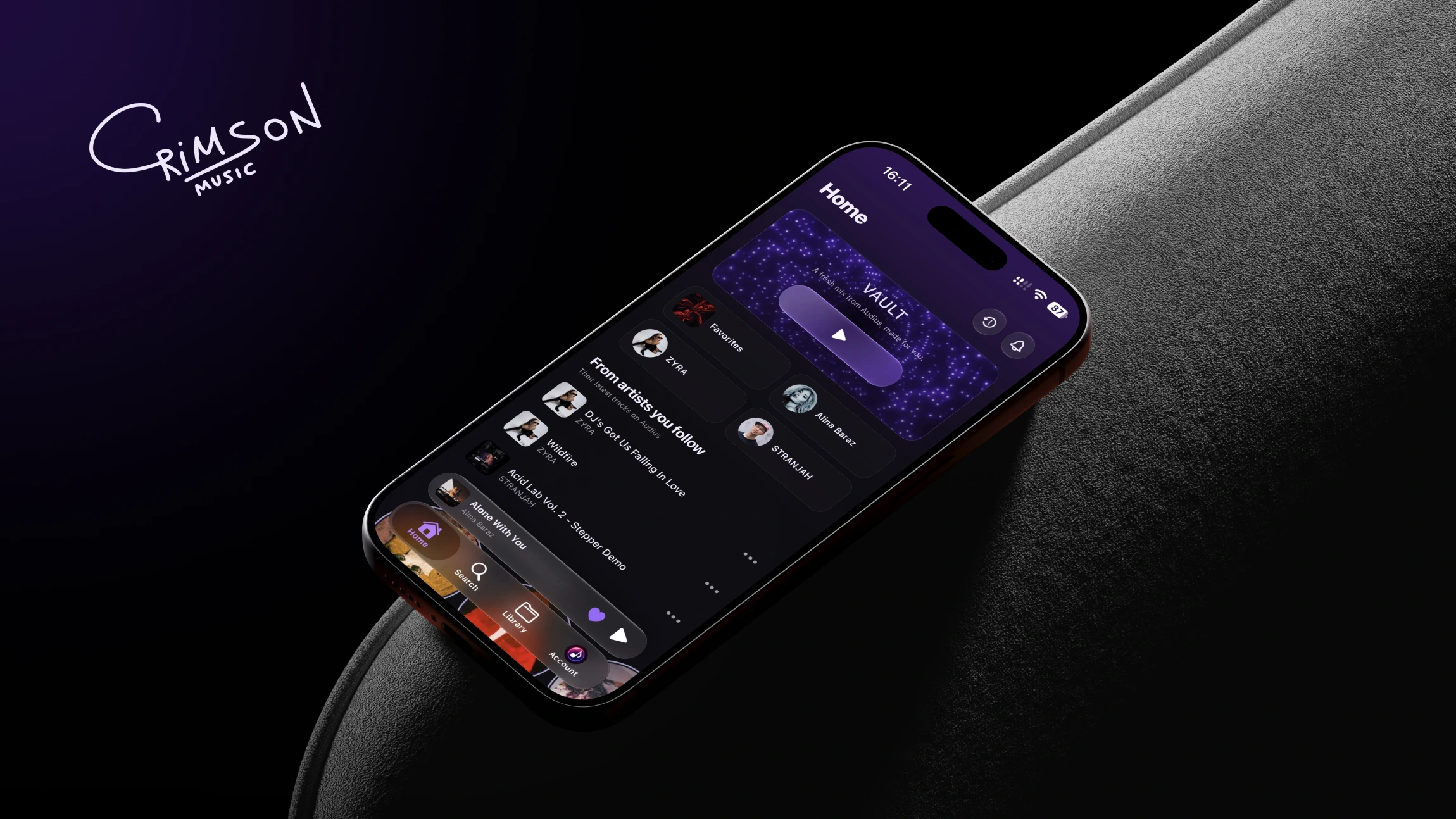 Crimson Music home screen on iPhone with a Vault mix and releases from followed artists