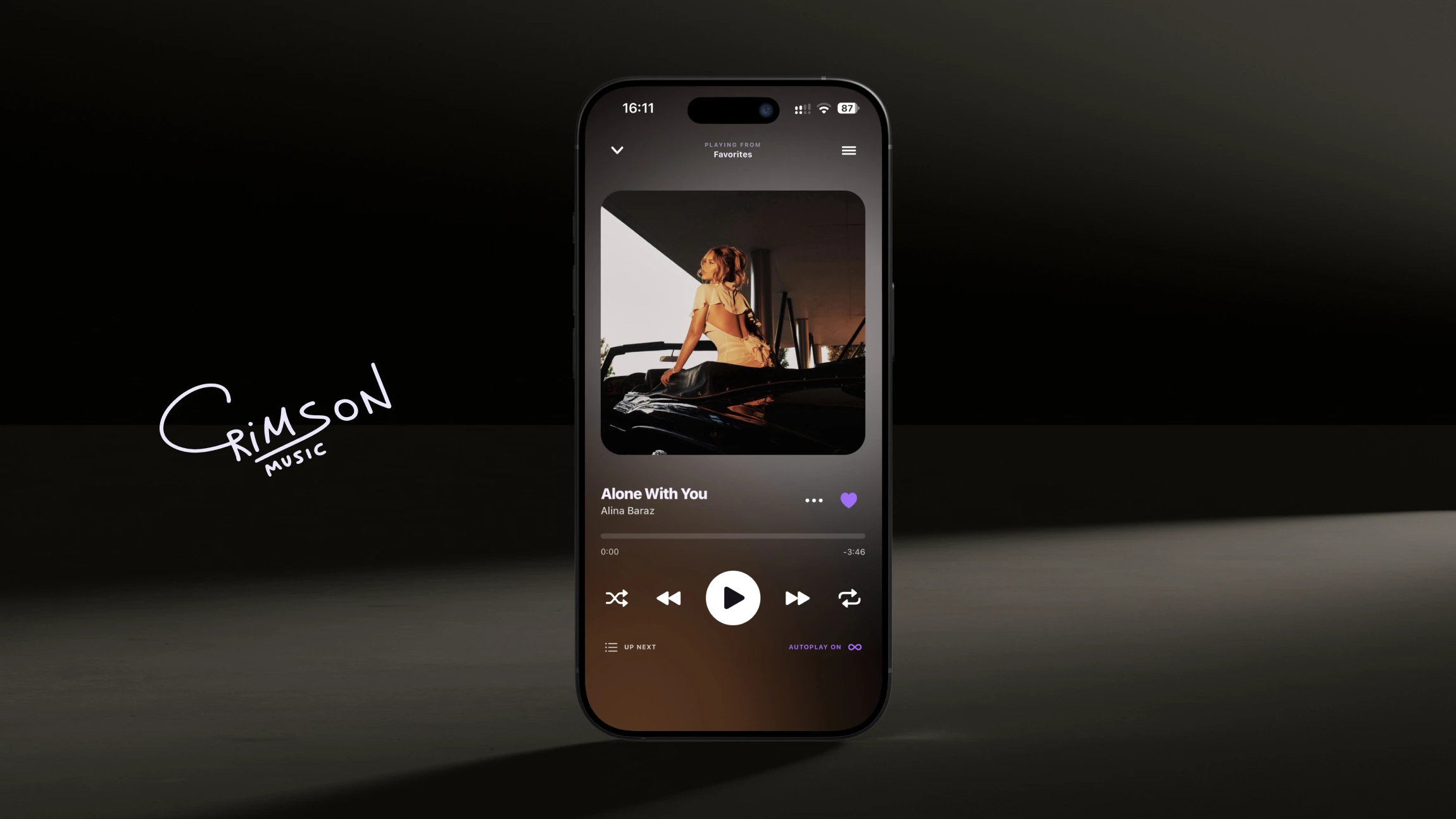 Crimson Music now playing screen with album artwork, playback controls, and the upcoming queue