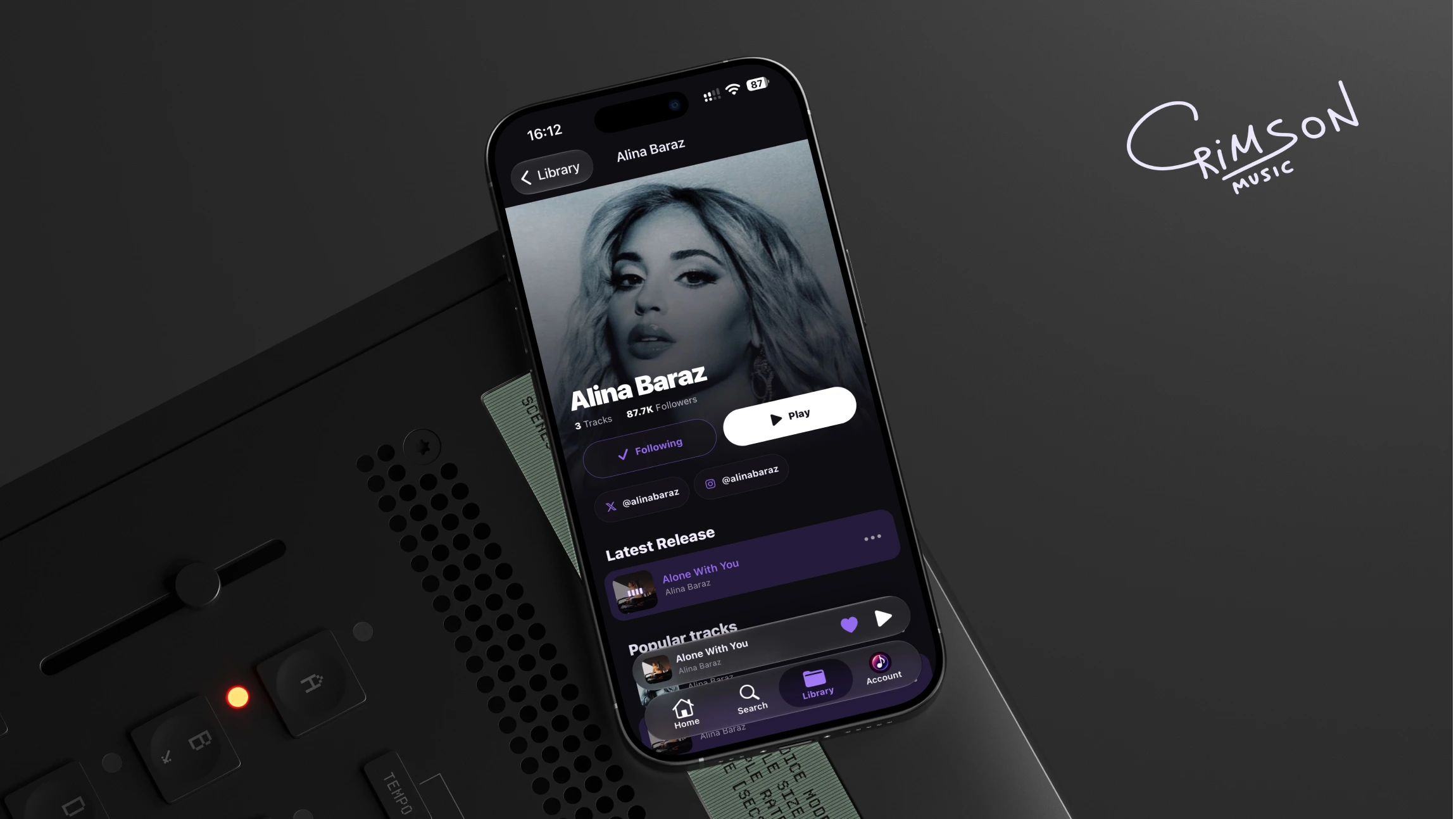 Crimson Music artist profile with follow controls, latest releases, and a persistent mini player